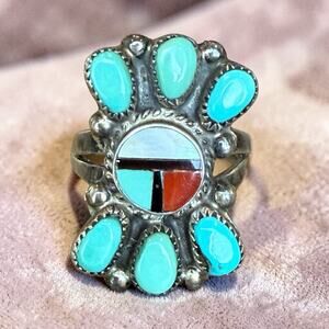 Ernest A Zunie Sterling Silver Turquoise Inlay Sun God Ring Sz 7.5 VTG Zuni